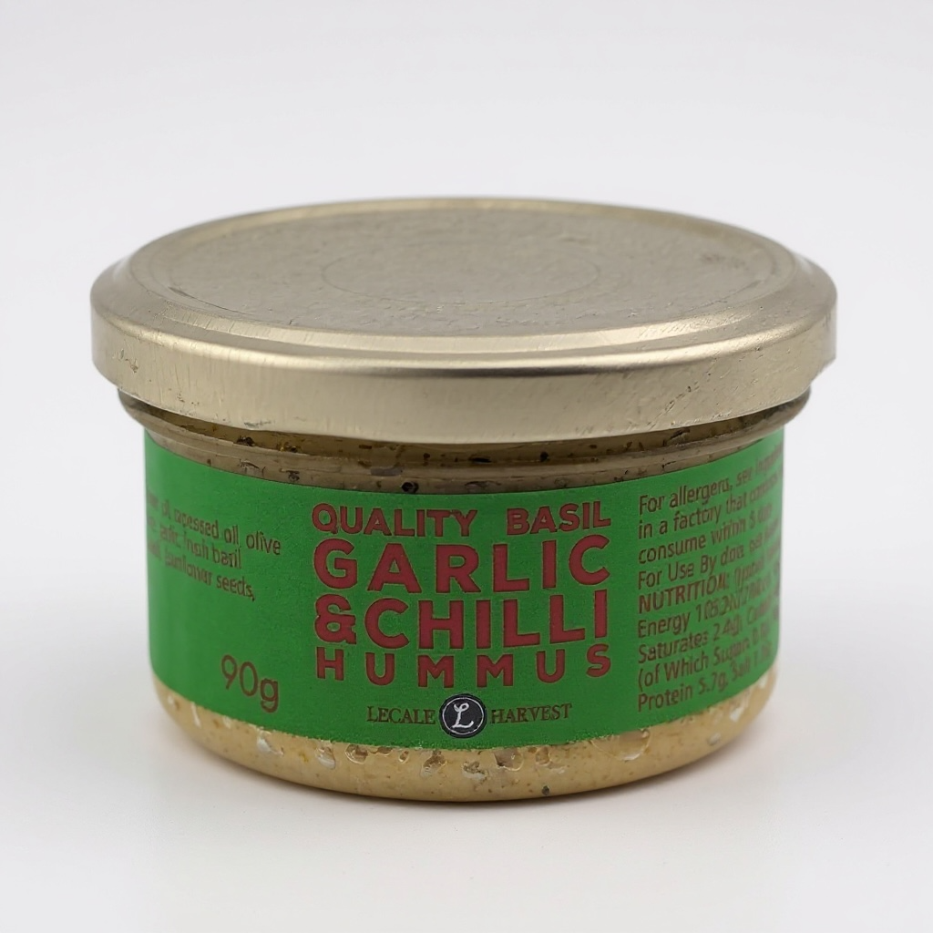 Lecale Harvest 90g basil garlic chilli hummus jar with green label and gold lid