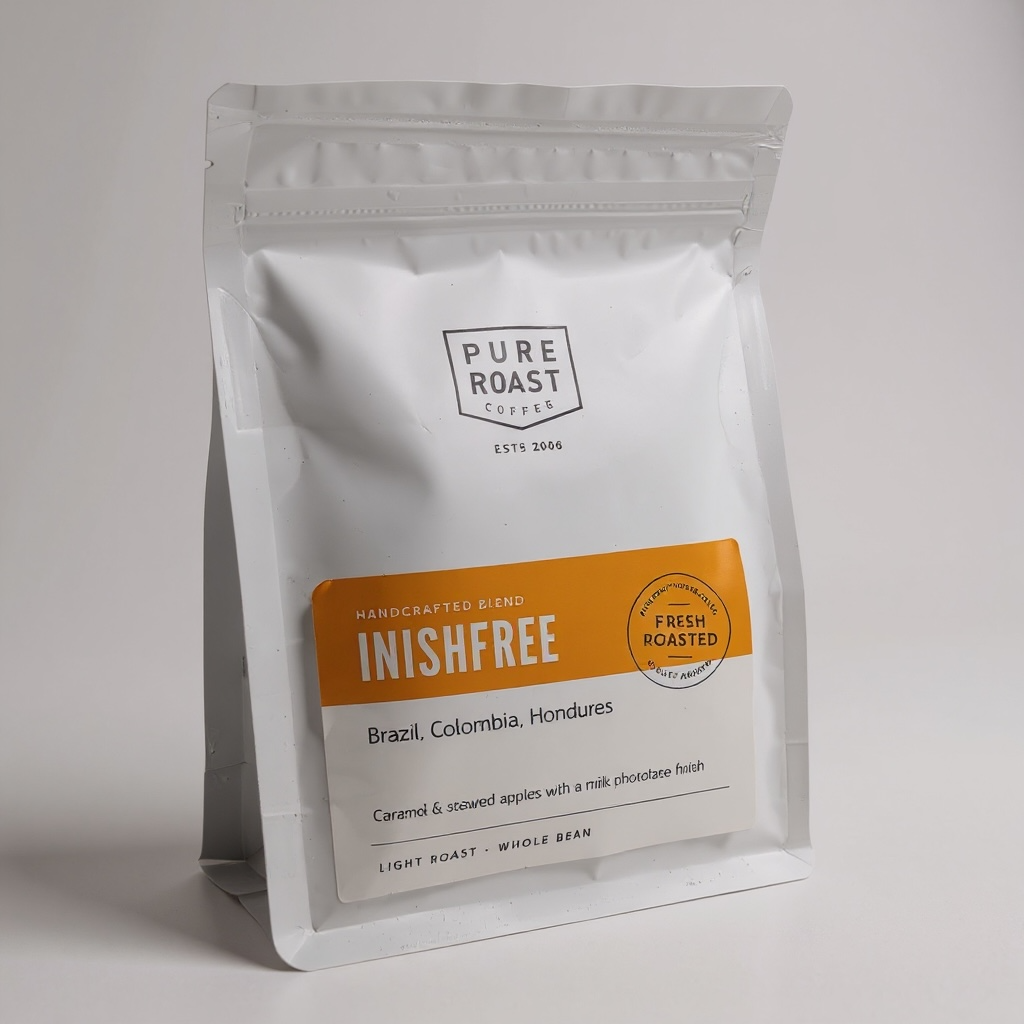 Pure Roast Coffee Inishfree Blend wholebean light roast with caramel and stewed apple notes in 250g bag