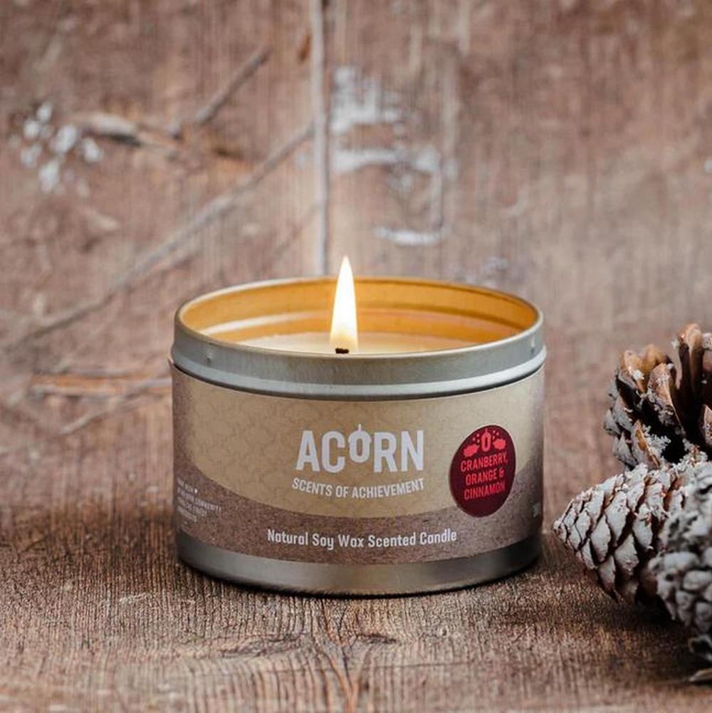Acorn Cranberry, Orange & Cinnamon - Soy Candle Tin-Acorn-Basalt and Oak