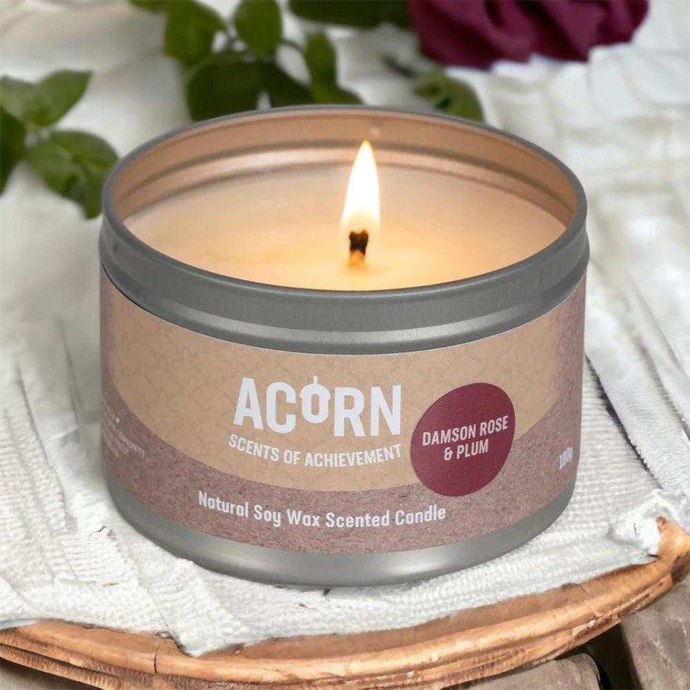 Lit Acorn Damson Rose & Plum natural soy wax candle tin with warm floral and fruity scent