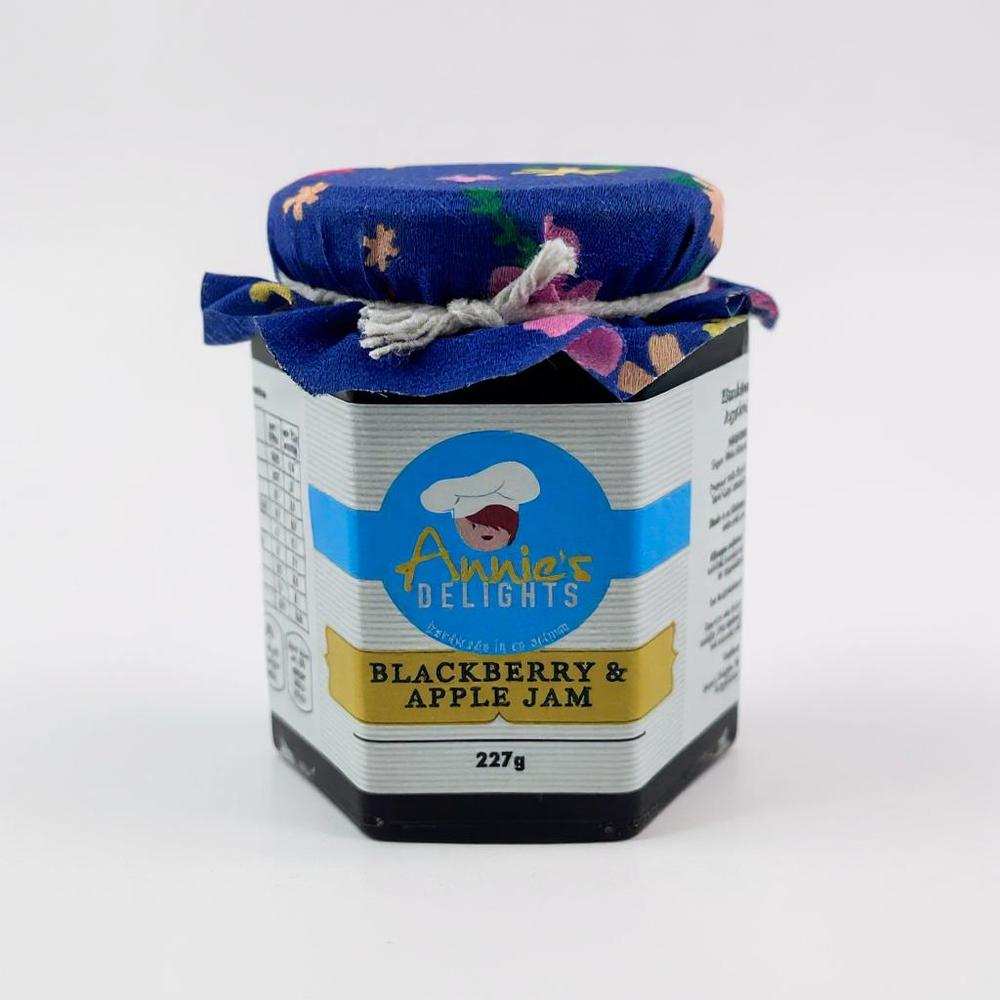 Annie's Delights Blackberry and Apple Jam jar with floral fabric cover and label