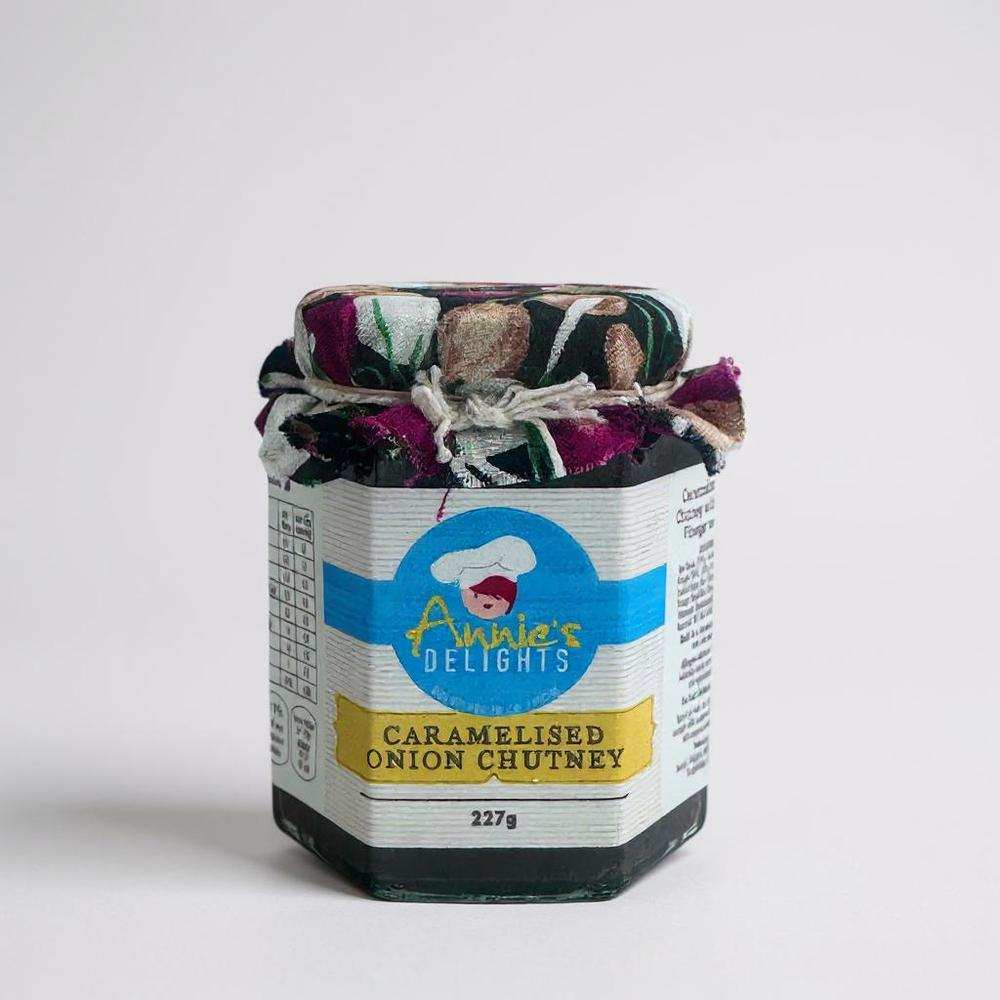 Annie's Delights caramelised onion chutney jar 227g with floral fabric cover
