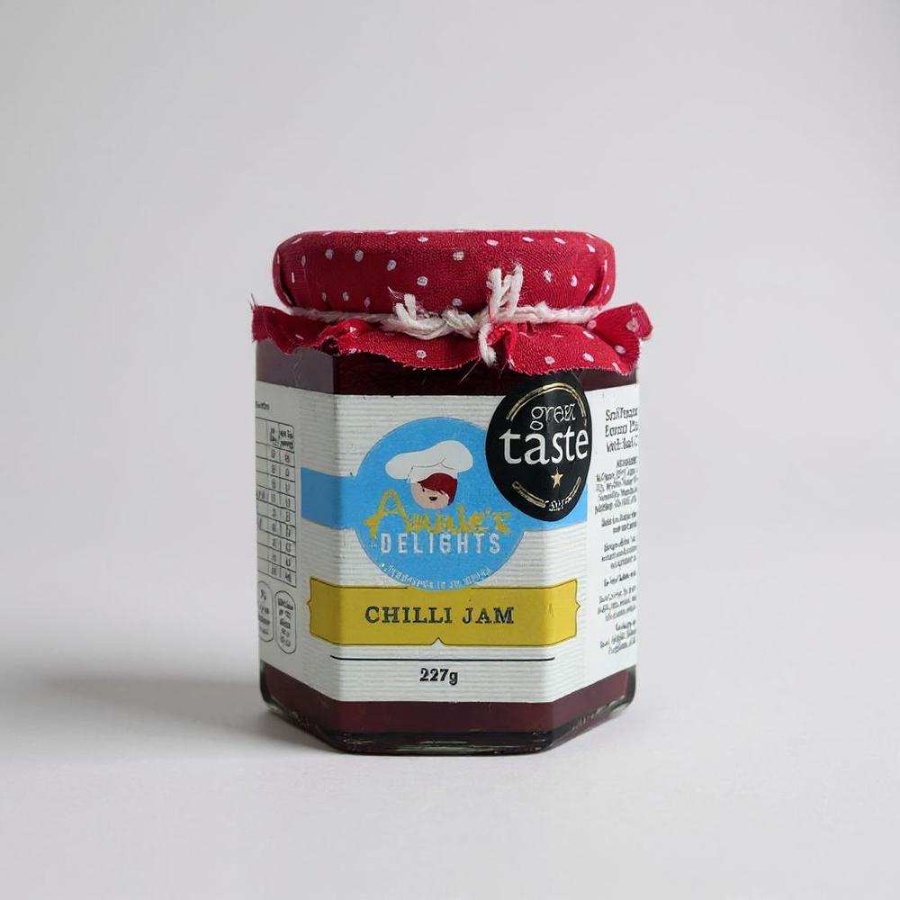 Annie's Delights Chilli Jam jar with red polka dot fabric cover and Great Taste award label
