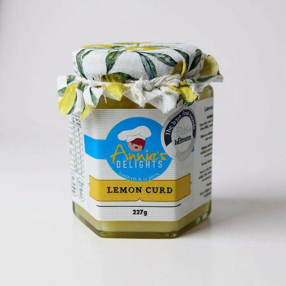 Annie's Delights Lemon Curd 227g jar with decorative fabric lid, award-winning traditional lemon curd made with fresh lemons from Northern Ireland