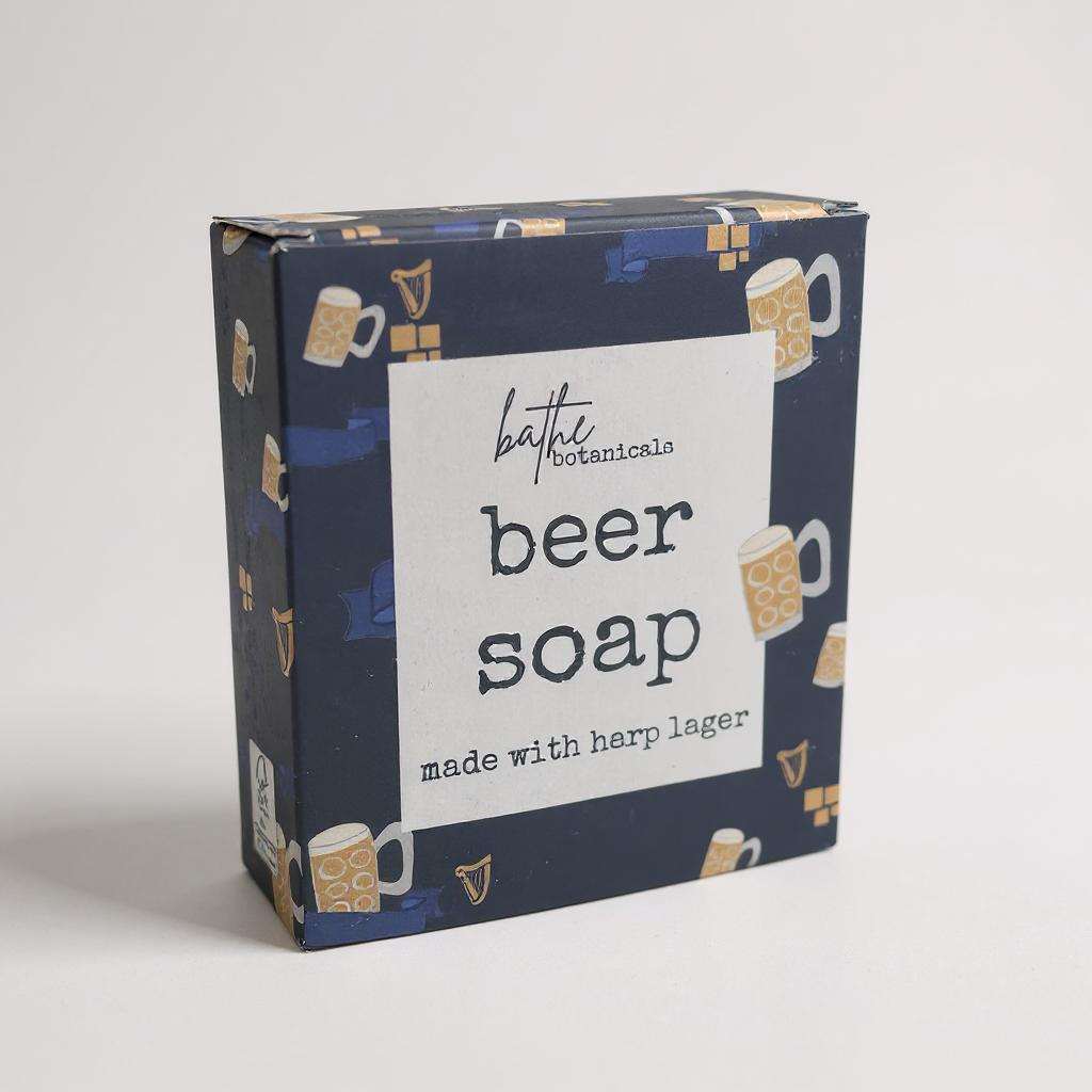 Bathe Botanicals beer soap made with Harp Lager in decorative packaging