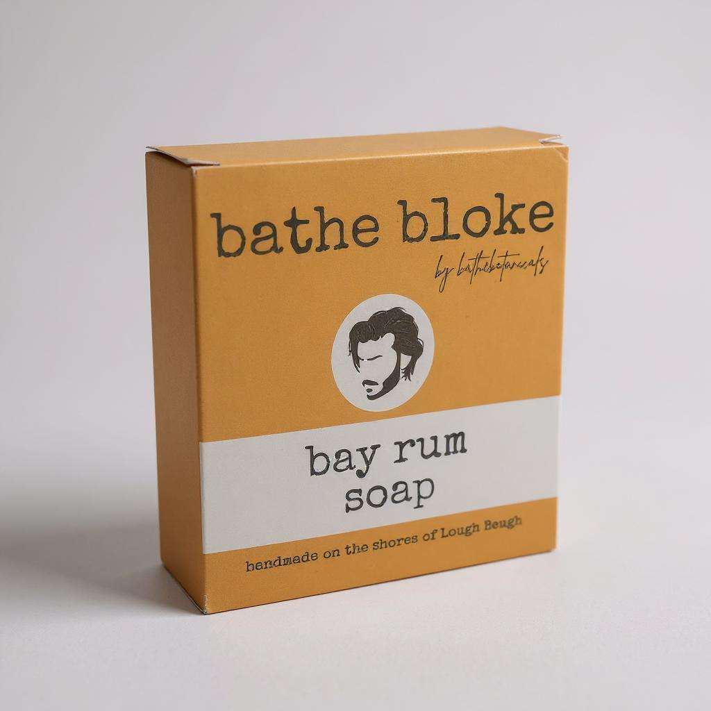Bathe Botanicals Bloke Bay Rum Soap in brown packaging with masculine bay rum scent and moisturizing oils.