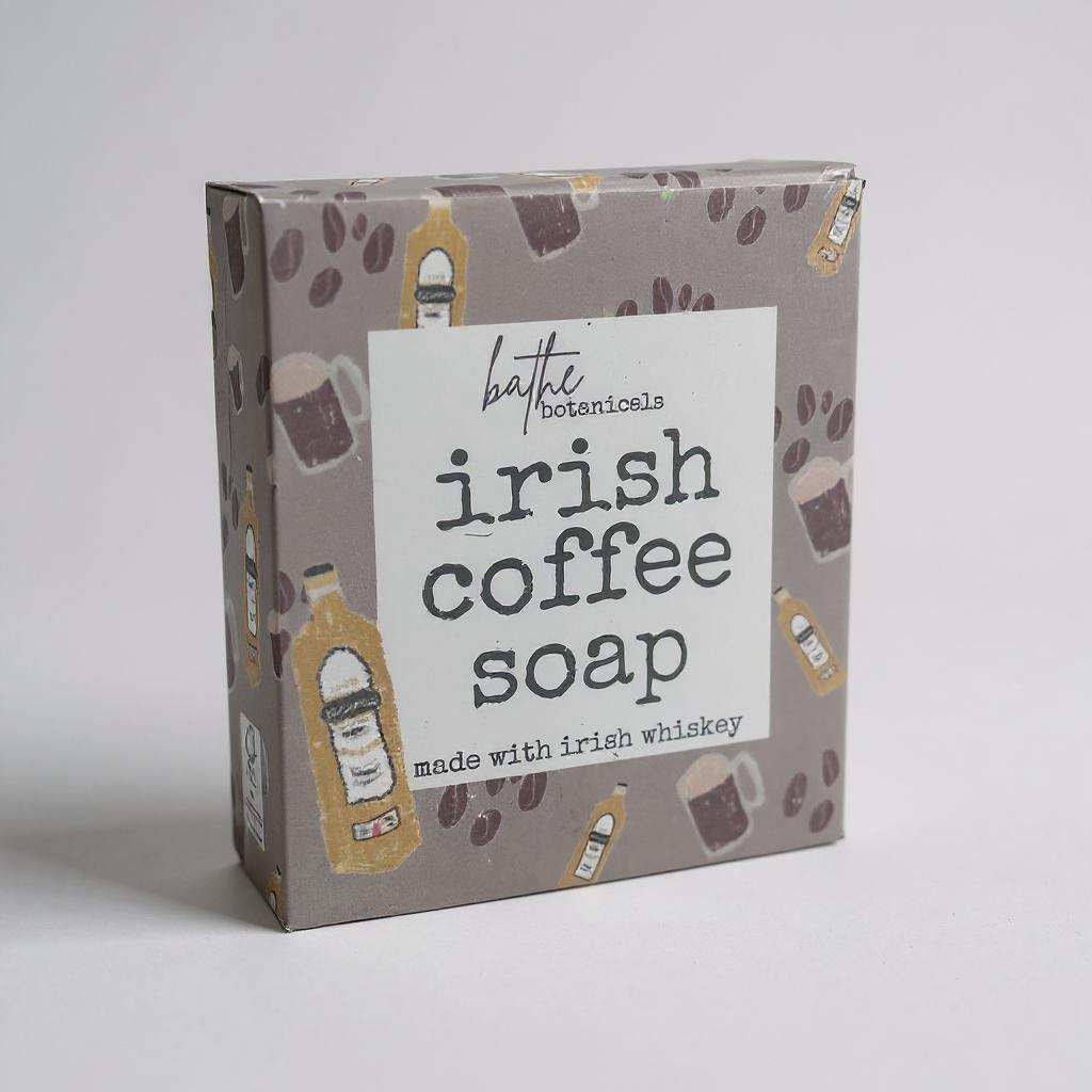 Bathe Botanicals Irish Coffee Soap with Irish whiskey and coffee grounds, handcrafted moisturizing bar
