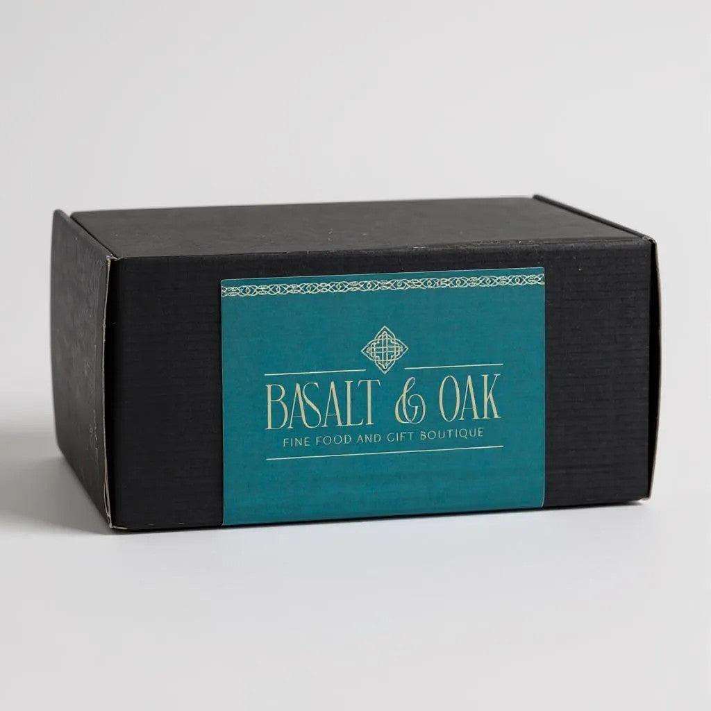 Black Hamper Box with Basalt & Oak label for fine food and gifts