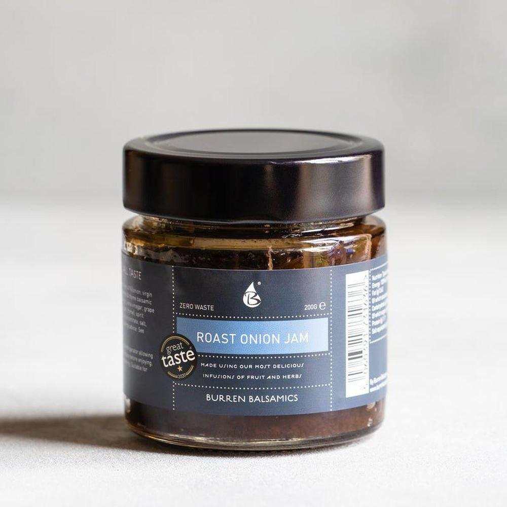 Burren Balsamics Onion Jam jar with black lid, roast onion flavor, vegan-friendly condiment for gravies and cheese