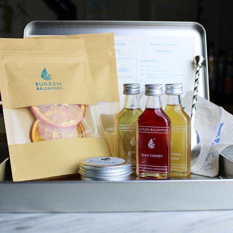 Burren Balsamics cocktail mixologist tin with infused condiments, dried citrus slices, balsamic sugar, coaster, and recipe card