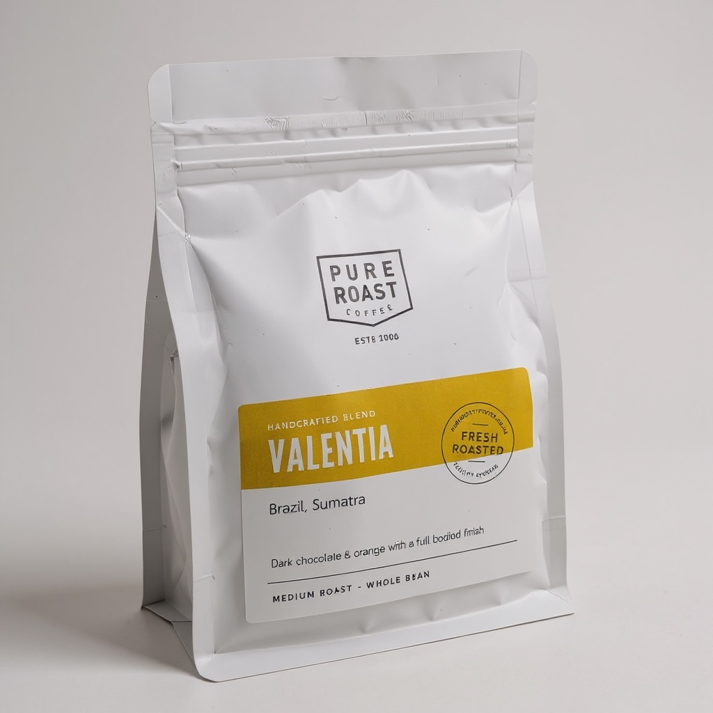 Pure Roast Coffee Valentia Blend medium roast wholebean coffee with dark chocolate and orange notes in 250g bag