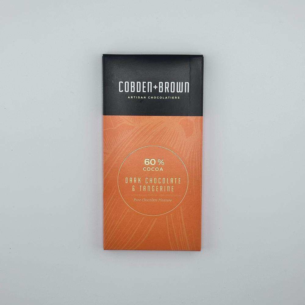 Cobden and Brown 60% dark chocolate bar with tangerine flavor, artisan handmade 95g packaging