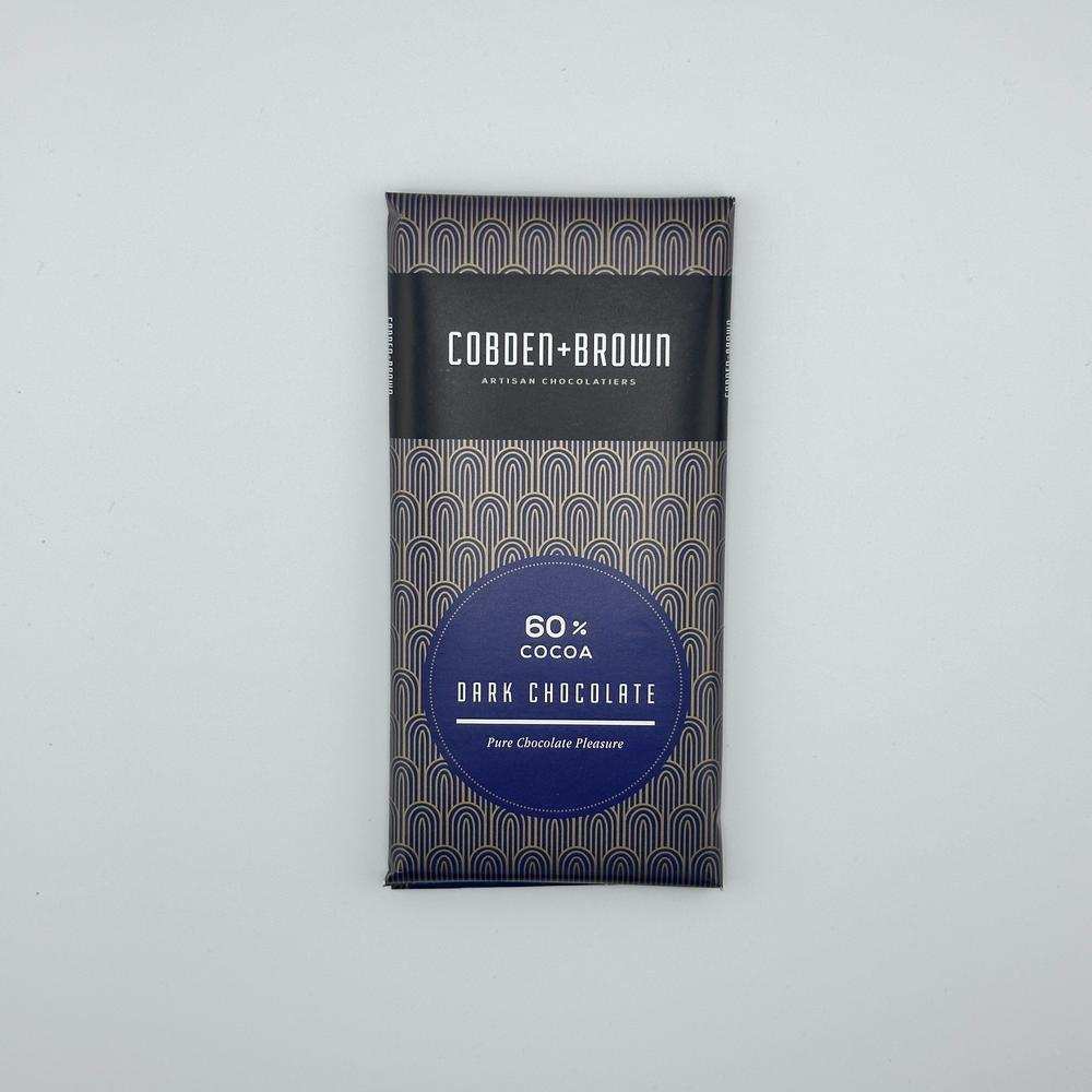 Cobden and Brown 60% dark chocolate bar with artisanal packaging and Forastero cocoa blend