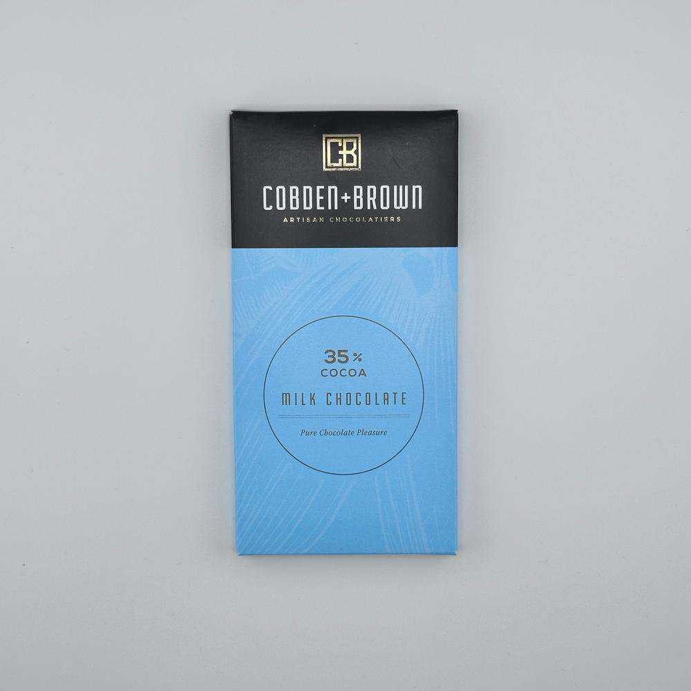 Cobden and Brown 35% milk chocolate bar with caramel and vanilla notes in blue and black packaging