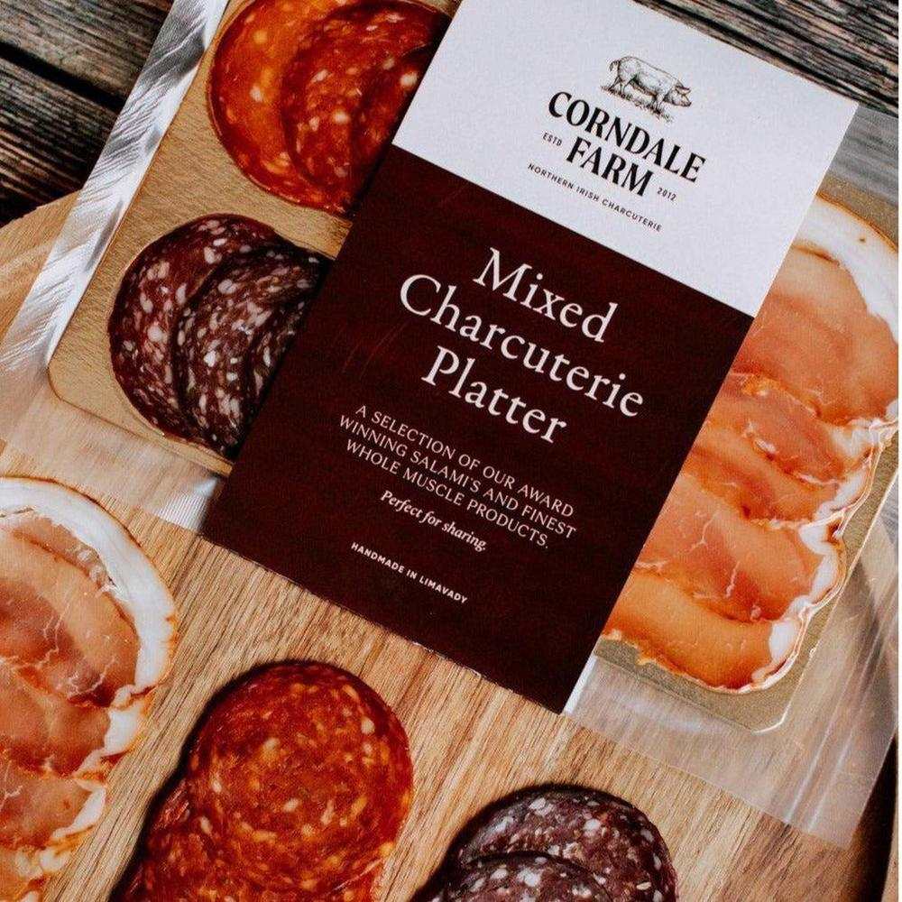 Corndale Farm Mixed Charcuterie Platter with assortment of sliced salamis, chorizo, and whole muscle pork products