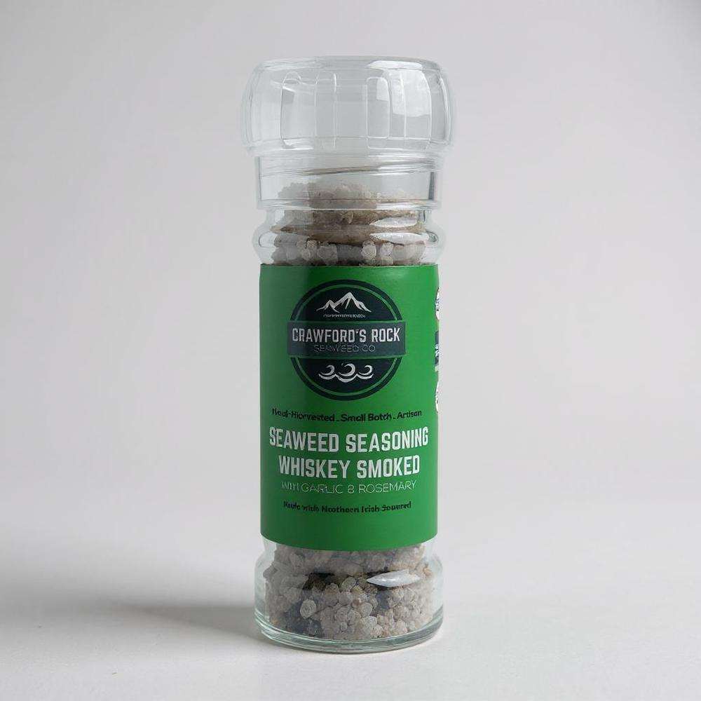 Crawford's Rock Seaweed Seasoning whiskey smoked with garlic and rosemary in a grinder jar