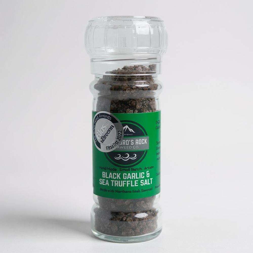 Crawford's Rock Seaweed Seasoning grinder with black garlic and sea truffle salt in clear jar