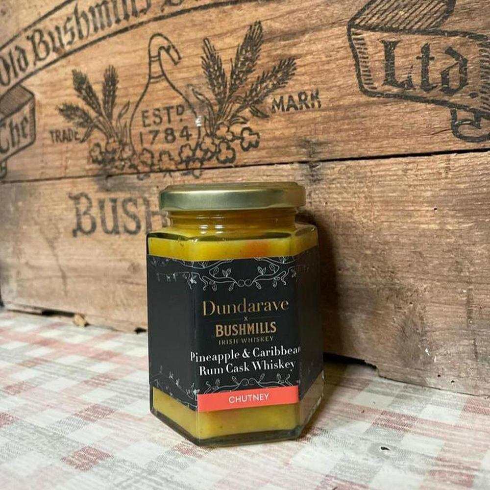 Dundarave Estate Pineapple & Caribbean Rum Cask Whiskey Chutney jar on wooden background