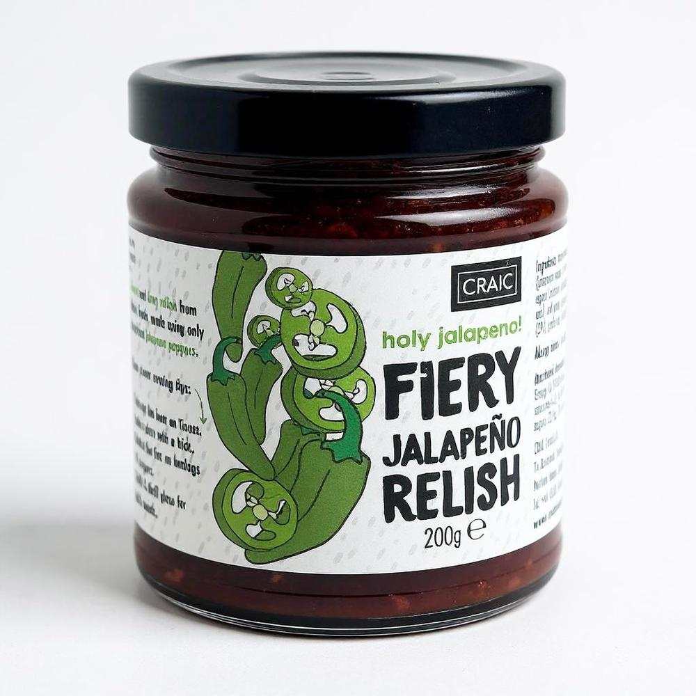 Erne Larder Fiery Jalapeno Relish jar with jalapeno pepper design and black lid