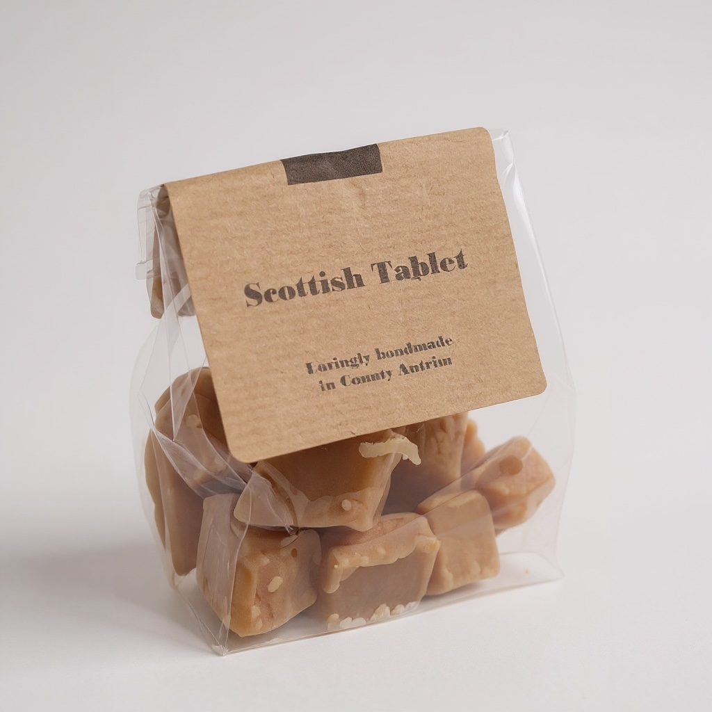 Delish Scottish Tablet handmade sweet candy pieces in clear bag with brown label