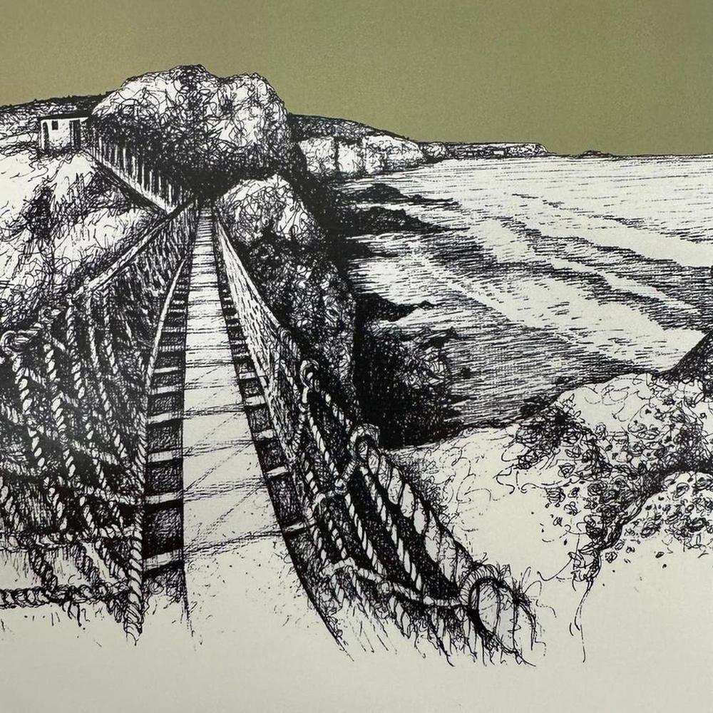 Black and white pen and ink drawing of Carrick-a-Rede Rope Bridge over coastal cliffs by Frankie Creith