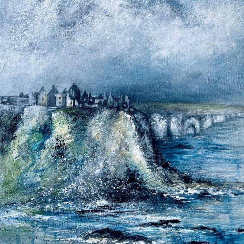 Frankie Creith DUNLUCE Apron with digital print of Dunluce Castle on 100% cotton fabric, adjustable neck strap, and large front pocket