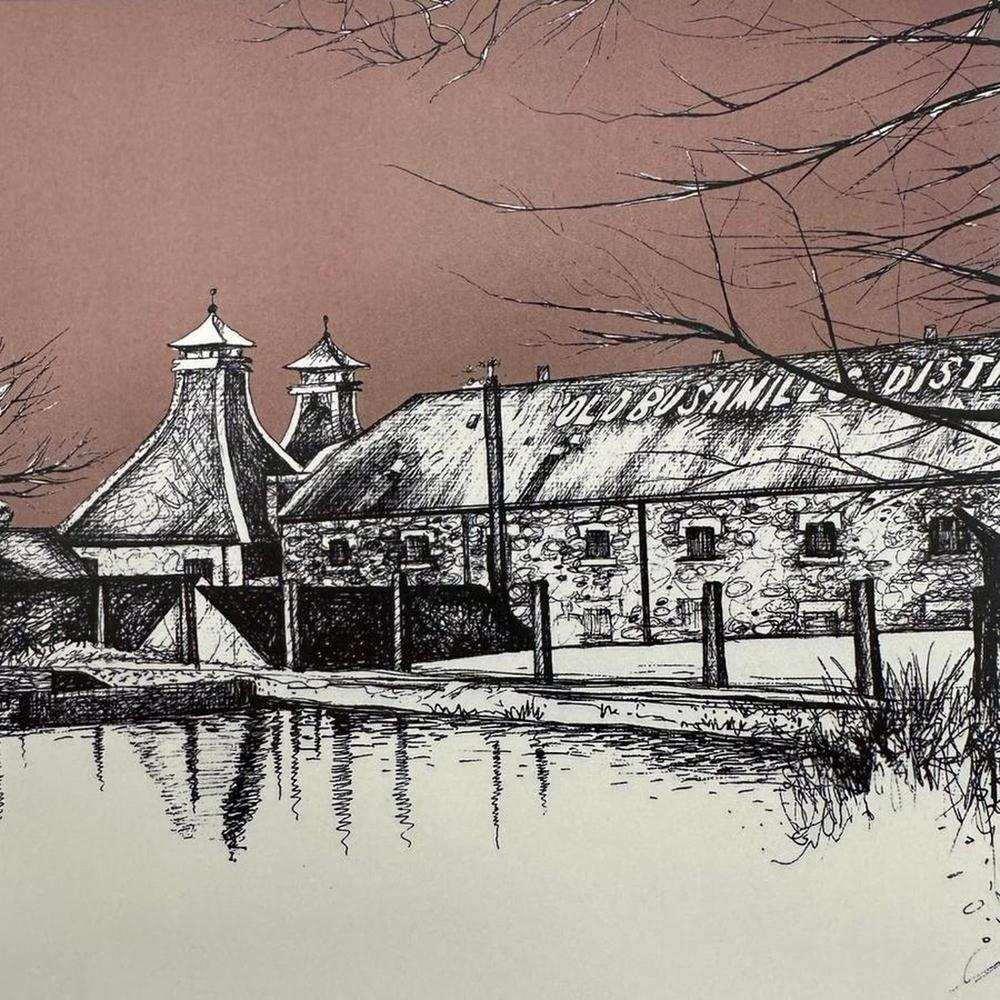 Frankie Creith digital pen and ink print of Old Bushmills Distillery in black glazed acrylic box frame