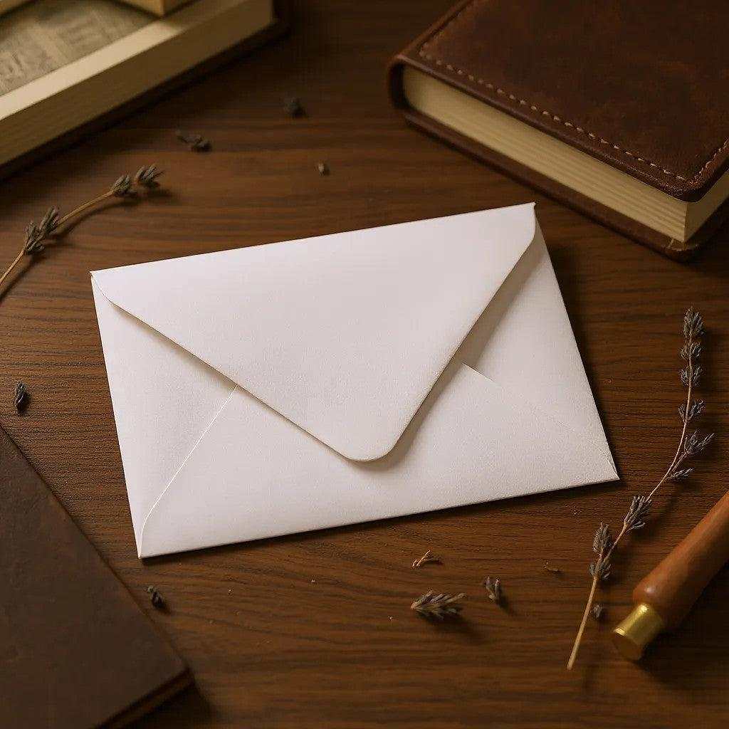 White envelope containing a hand written gift card on wooden table surrounded by books and dried flowers