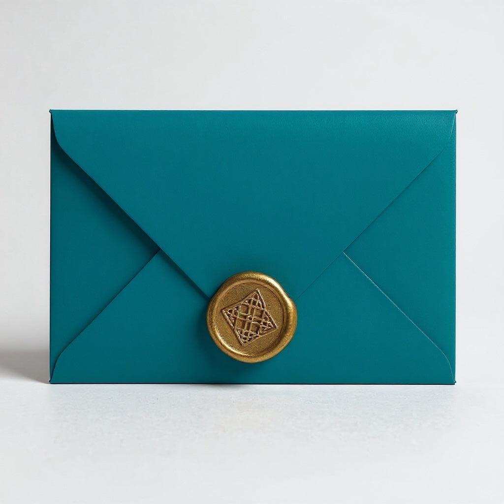 Premium hand written gift card in teal envelope sealed with gold wax stamp