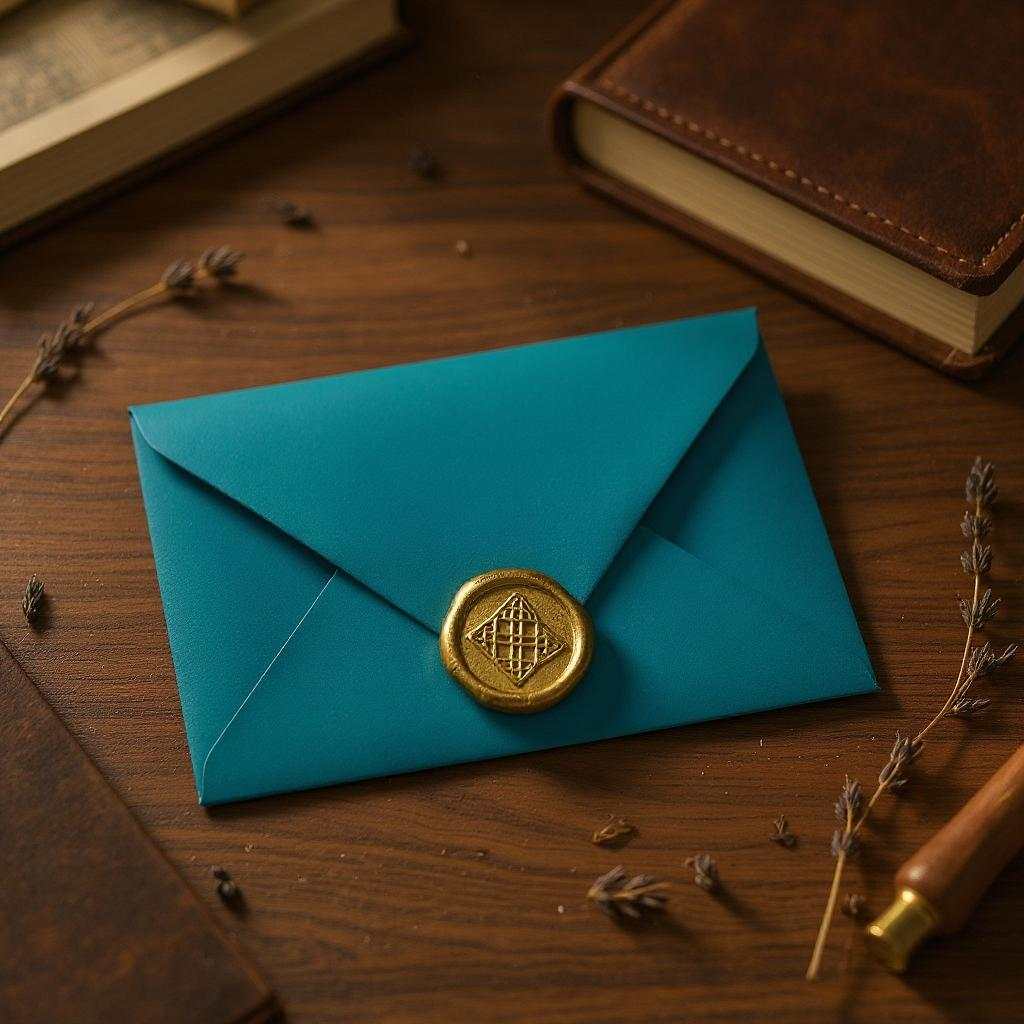 Premium hand written gift card in teal envelope sealed with gold wax stamp on wooden table with dried flowers and leather book