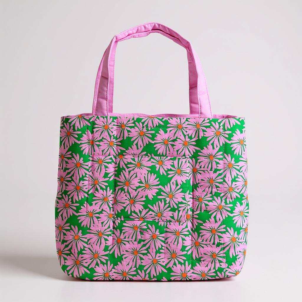 Handmade Pink Daisies Quilted Shopper bag with pink flowers on green background and pink handles