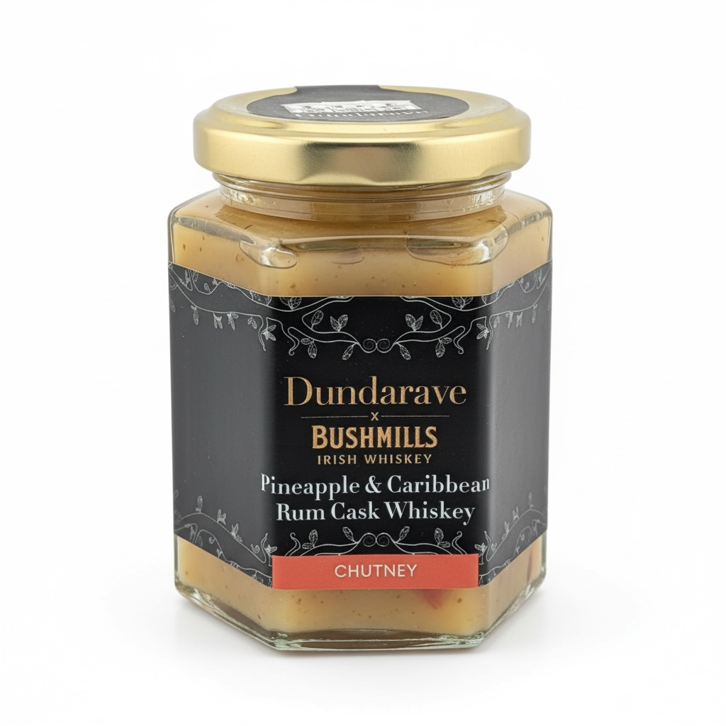 Dundarave Estate Pineapple and Caribbean Rum Cask Whiskey Chutney jar with black label and gold lid