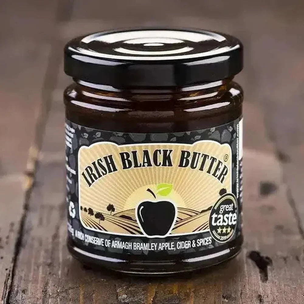 Jar of Irish Black Butter preserve made from Armagh Bramley Apple, cider, and spices with award-winning taste