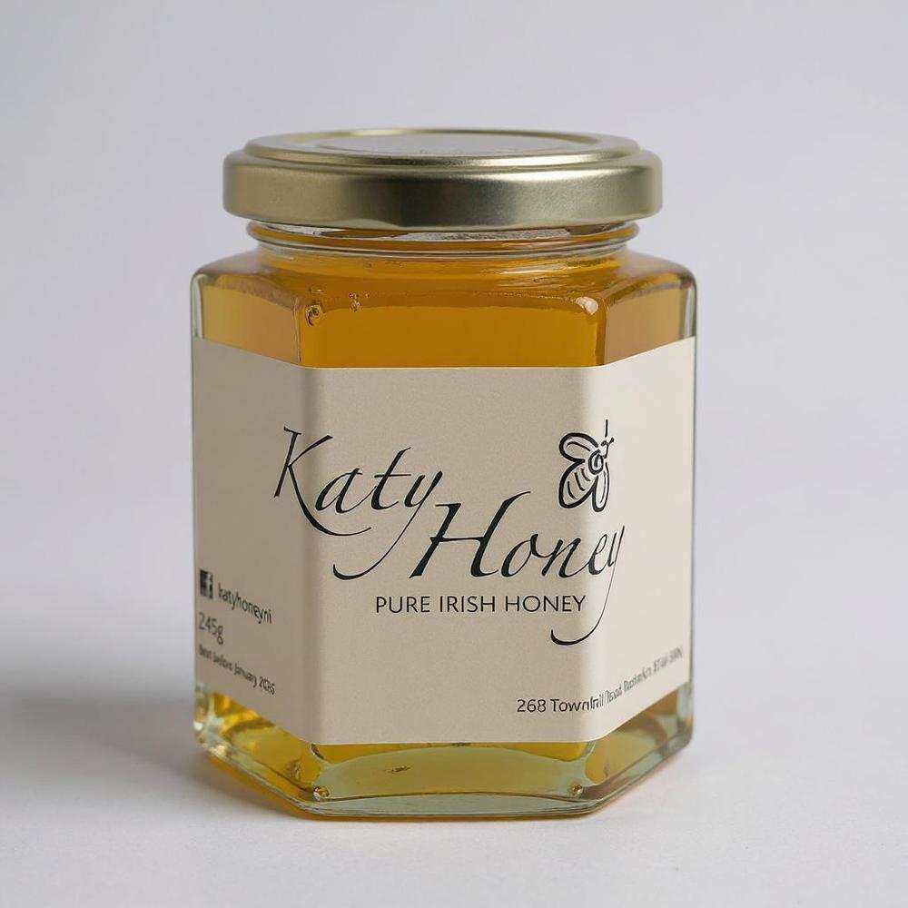 Katy Honey Pure Irish Honey in a 245g hexagonal jar with gold lid