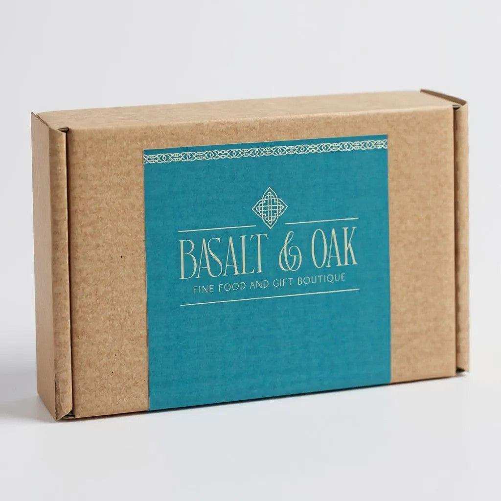 Kraft hamper box with Basalt & Oak label for fine food and gifts