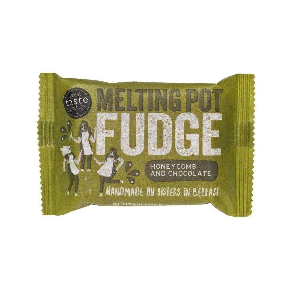 Melting Pot Honeycomb & Chocolate Fudge award-winning handmade buttery fudge with honeycomb pieces and Belgian chocolate in green packaging