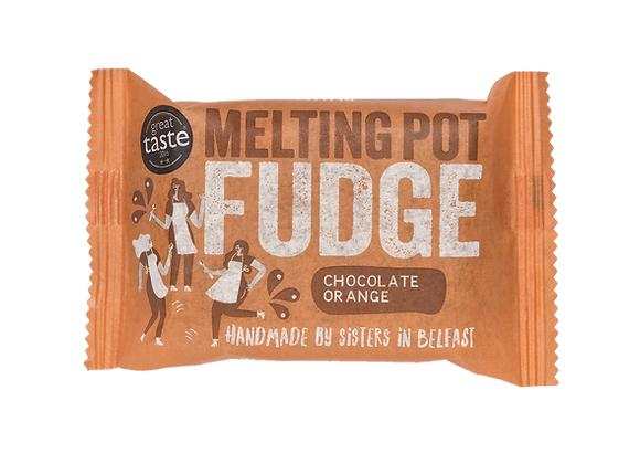 Melting Pot Orange and Dark Chocolate Fudge award-winning handmade rich orange flavor chocolate fudge in orange wrapper