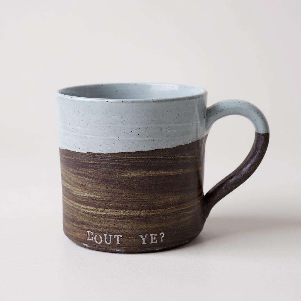 Mud Ireland Belfast handcrafted terracotta and stoneware brick-inspired mug with 'Bout Ye?' inscription