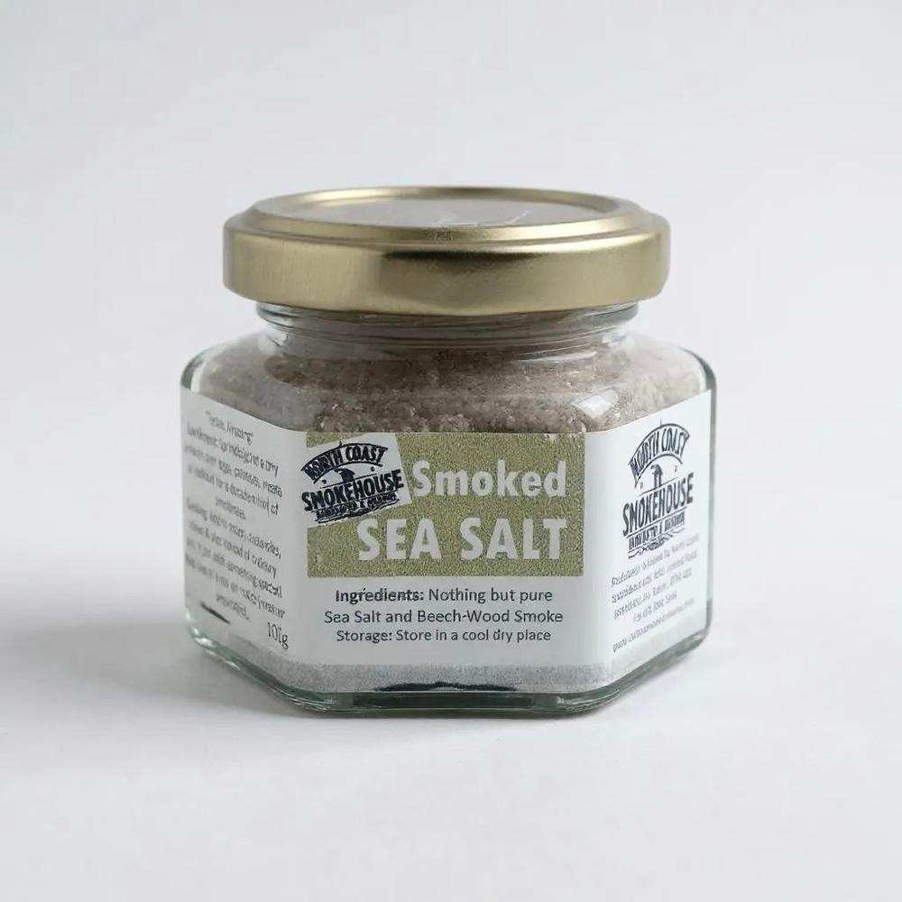 North Coast Smokehouse smoked sea salt jar with pure sea salt cold-smoked over beech wood