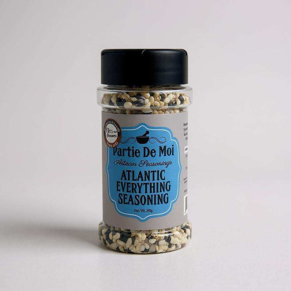 Partie De Moi Atlantic Everything Seasoning bottle with mixed sesame seeds, poppy seeds, garlic, and onion flakes, 50g jar