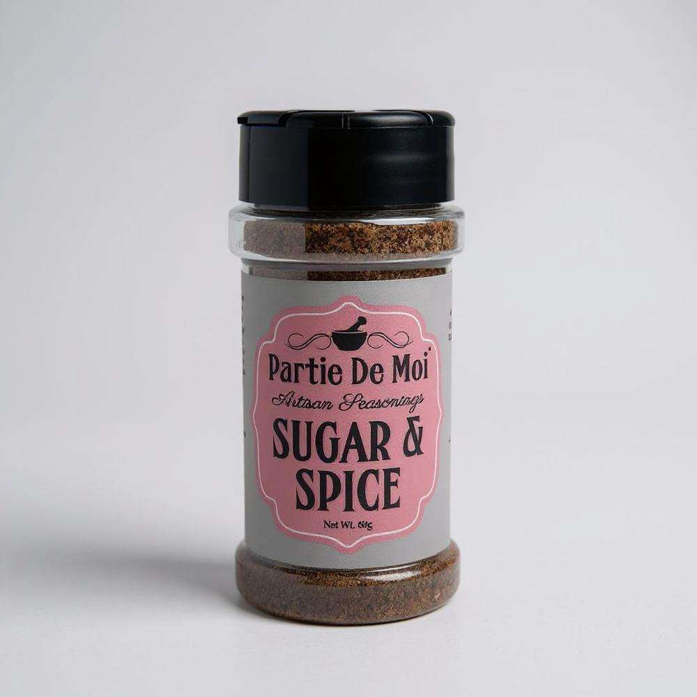 Partie De Moi Sugar and Spice seasoning blend in clear jar with pink label and black lid