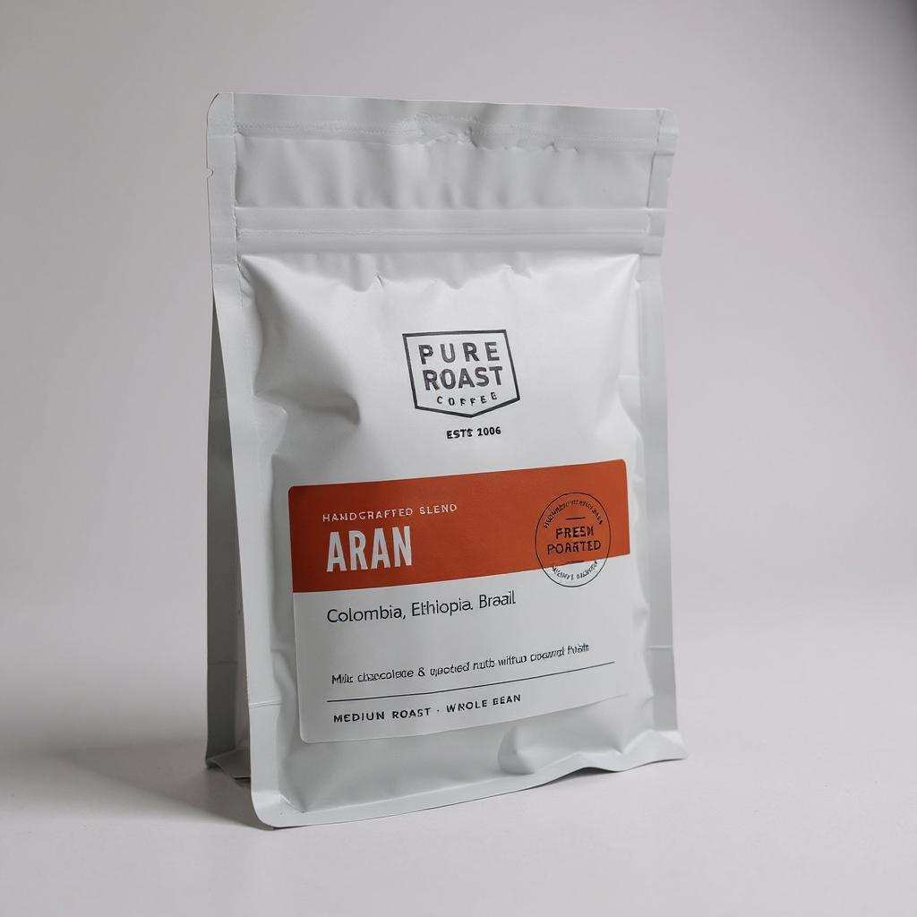 Pure Roast Coffee Aran Blend medium roast whole bean coffee with notes of milk chocolate and roasted nuts in white resealable bag