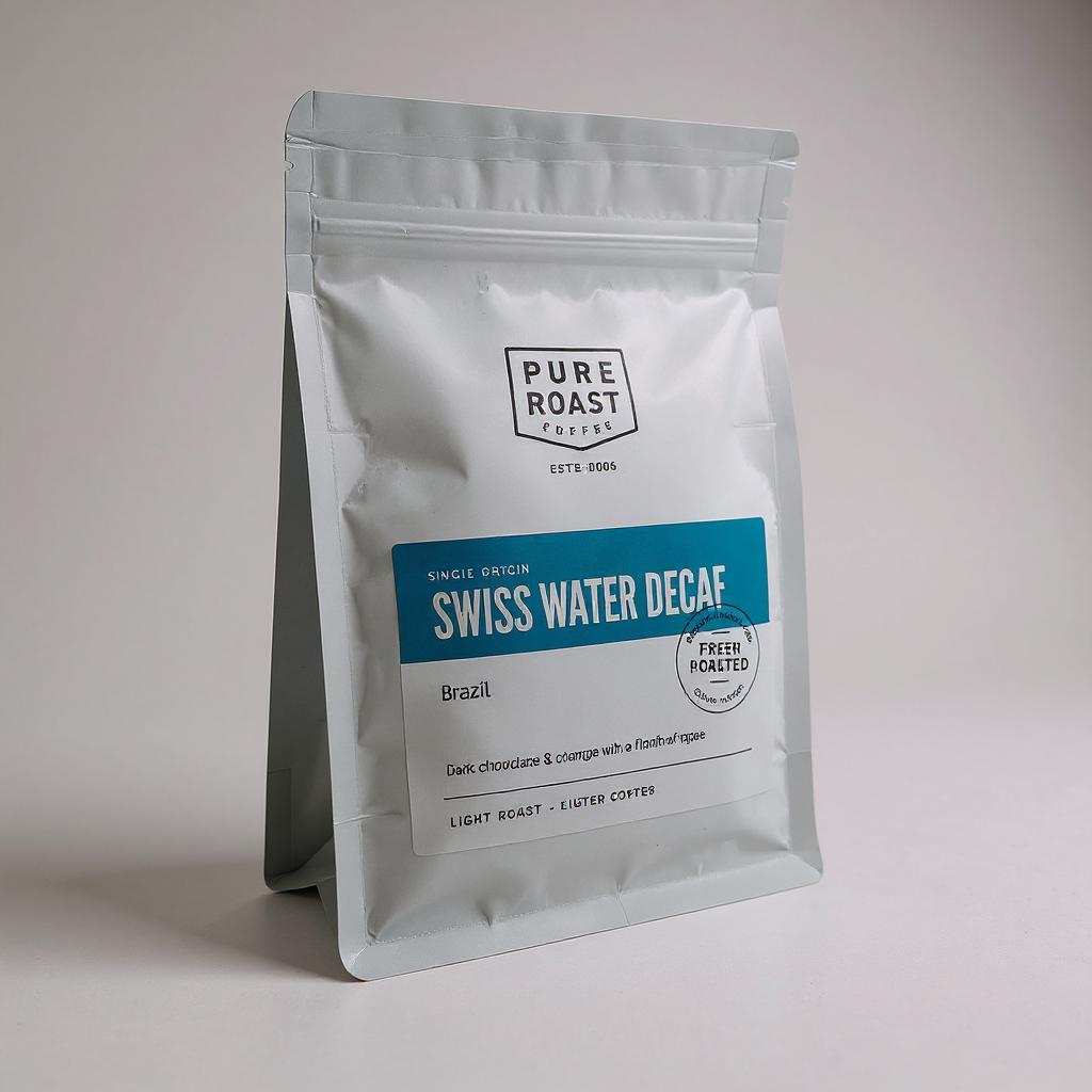 Pure Roast Coffee Swiss Water Decaf Blend in white resealable bag for French Press brewing