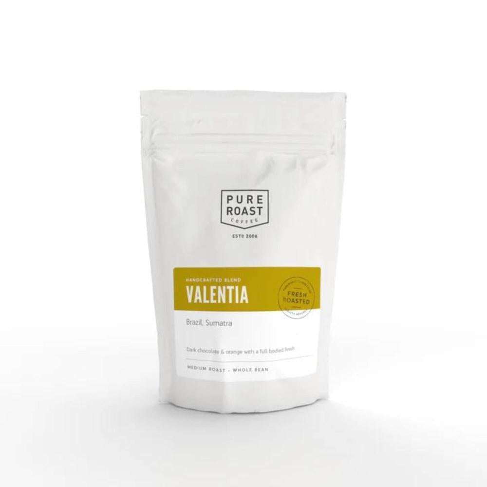 Pure Roast Coffee Valentia Blend 250g bag of medium roast whole bean coffee with dark chocolate and orange notes