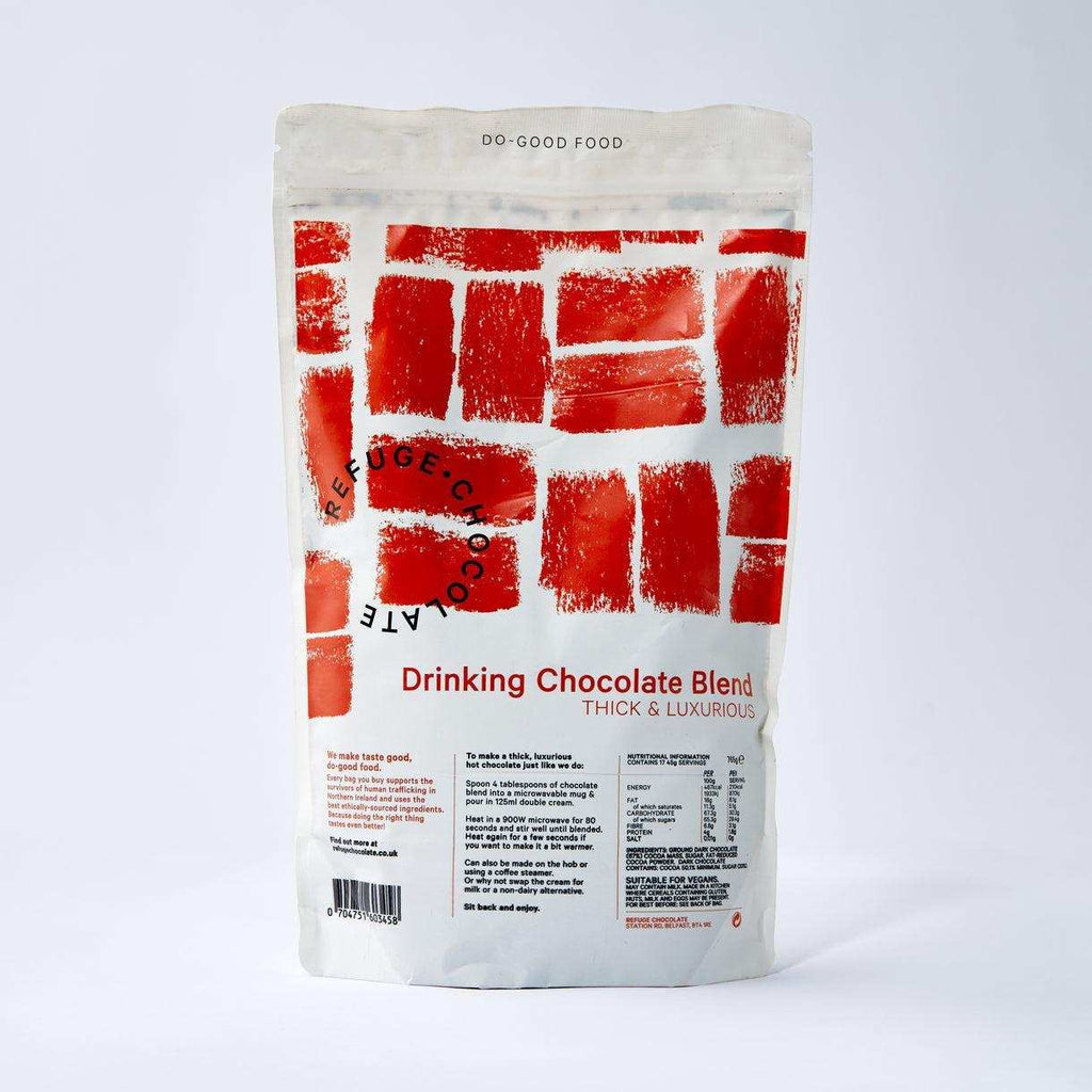 Refuge Hot Chocolate Mix luxury drinking chocolate blend in resealable pouch with red abstract design
