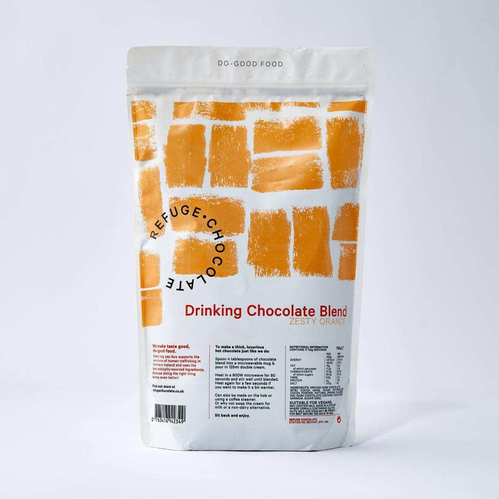 Refuge Hot Chocolate Mix Zesty Orange luxury drinking chocolate blend in resealable pouch