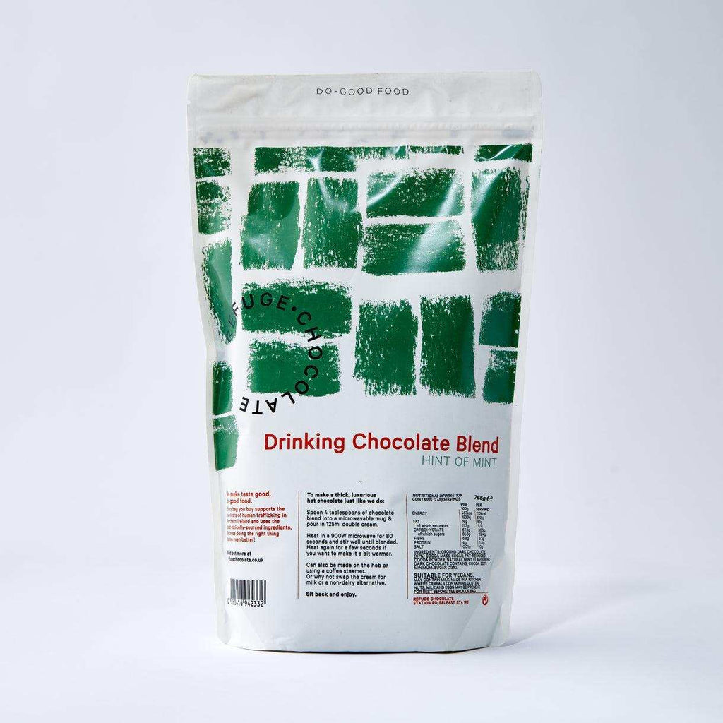 Refuge Hot Chocolate Mix vegan drinking chocolate blend with hint of mint flavor in white and green packaging
