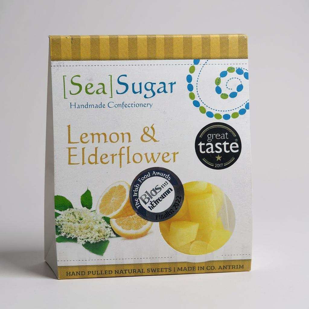 Sea Sugar Lemon and Elderflower Sweets box with award labels and lemon elderflower illustration