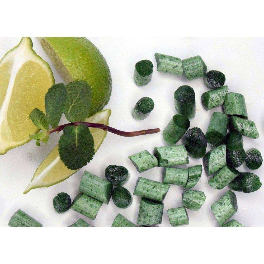 Sea Sugar Lime & Mint Sweets with fresh lime slices and mint leaves, award-winning refreshing vegan candies.