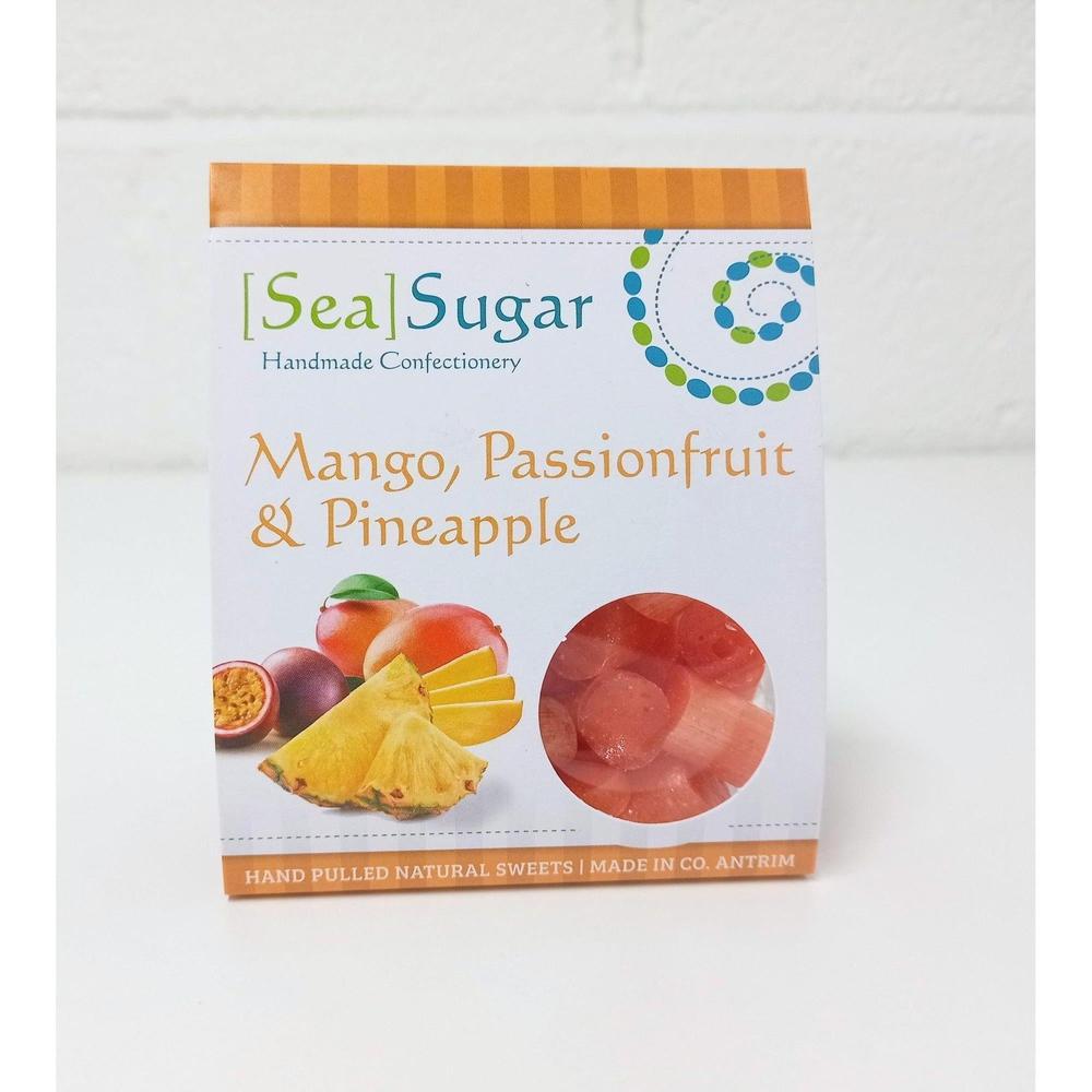 Sea Sugar Mango Passion Fruit and Pineapple handmade tropical sweets in white packaging with fruit images